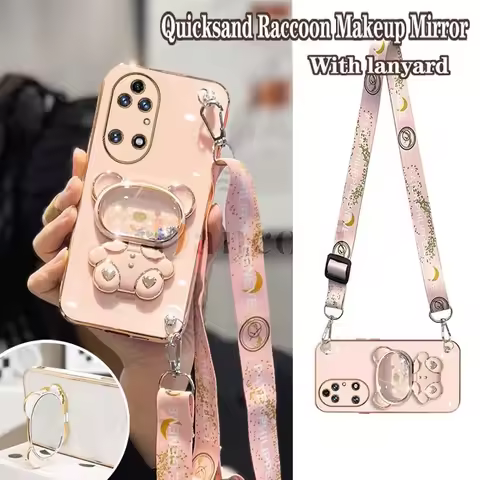 Quicksand Raccoon Makeup Mirror Lanyard Plating Phone Holder Case For Huawei P50 P50 Pro P40 P30 P40
