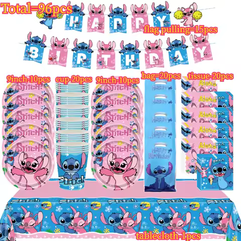 Stitch Birthday Decorations&Stitch and Angel Birthday Tableware Set - Stitch Birthday Party Banner&S