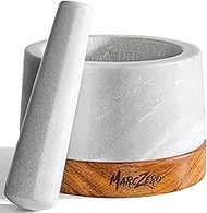 MarcZero Large Mortar and Pestle Set with Anti-Scratch Wooden Base,5.9inch Heavy Duty Mortar and Pestle Made of Natural Marble(White)
