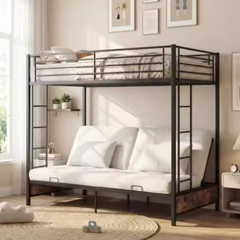 Twin Over Twin Futon Bunk Bed, Convertible Metal Bunk Bed with Futon Frame, 2 Ladders and Safety Gua