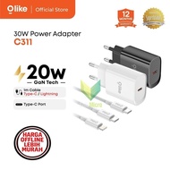 OLIKE C311 C311CC/C311CL Power Adapter 30W GaN Fast Charging Includes 1M Type-C to Type-C--C to Ligh