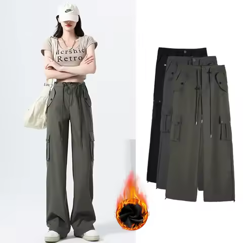 LanCharm Women Winter Thick Cargo Pants Autumn High Waist Cuffed Pants Petite Straight Leg Sports Pa