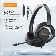 EKSA หูฟังสำนักงานแบบเปิดหูหูฟังแบบมีสาย H27แบบมีไมค์ลดเสียงรบกวนมี USB-A สำหรับพีซีโทรศัพท์