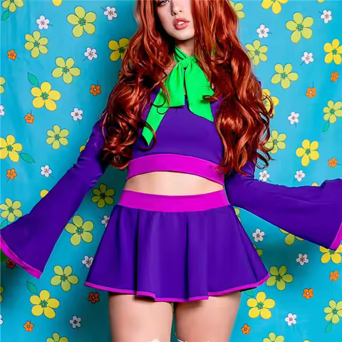 Women Daphne Cosplay Costume Set Flare Long Sleeve Crop Top Contrast Trim Pleated Mini Skirt Hallowe