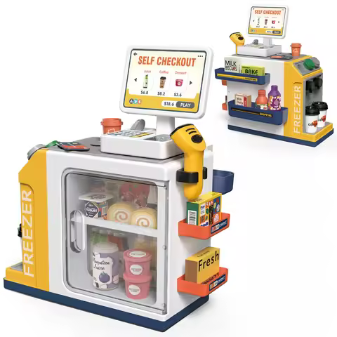 WizKidz Cash Register for Kids Pretend Play Store with Scanner Calculator Play Food Coffee Machine C