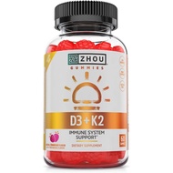 Zhou D3+K2 - Vitamin D3 K2 Supplement for Women & Men, Immune Support Vit D3 and K2 Gummy, Gelatin F