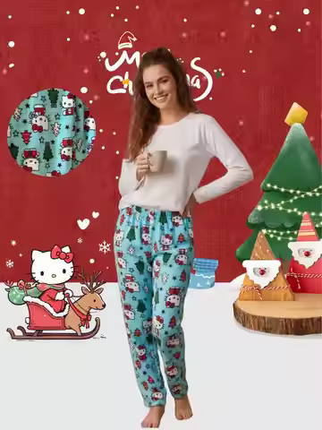 Hello Kitty Christmas Pants Cartoon Flannel Loungewear Autumn Winter Casual Trousers Women's Home Pa