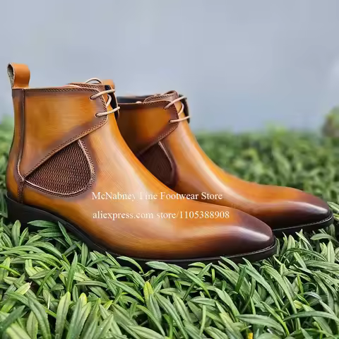 Leather Lace up Chelsea Ankle Boots Elastic Side Panel Pointed Toe Handmade Men Dress Chukka Boot fo