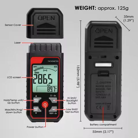 Professional Non-Contact Digital Laser Tachometer - 99,999 RPM High-Precision Speedometer with HI/LO