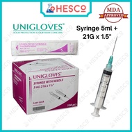 Syringe Picagari 5ml with Needle Jarum 21G x 1.5" (0.8mm x 38mm) Luer Lock Sterile Unigloves 100pcs/