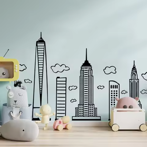Large Doodled New York City Skyline Wall Sticker Playroom Living Room Day Cares Schools Libraries Su