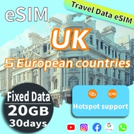 UK and Europe eSIM: Unlimited Data for 5 Countries - 20GB/ 50GB for 30/180 Days. Countries Covered: