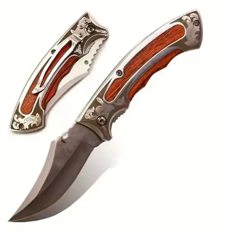 195 MM (7.68 Inches) 57HRC Hunting Folding Knife, 5Cr15Mov Stainless Steel Blade, Wooden Handle, Out