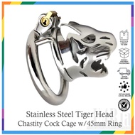 Stainless Steel Tiger Head Chastity Cock Cage with 45 mm Ring