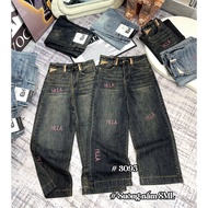 Quần bò jean nữ dáng lỡ 90cm ống suông thêu chữ - Size SML