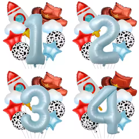 Cloud Rocket Cowboy Hat Balloon Set Digital Numbers for Birthday Western Party Baby Shower Christeni