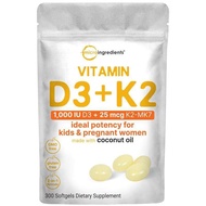 Micro Ingredients Vitamin D3 K2 5000IU /2000IU / 1000IU Ind with Virgin Coconut Oil 300 Softgels