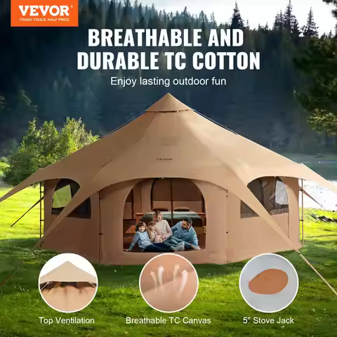 Canvas Tent, 4 Seasons 5 M/16.4 Ft Bell Tent, Canvas Tent For Camping With Stove Jack, Breathable Yu