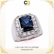 CG Lab Corundum Sapphire Sterling Silver 925 Mens Ring Octagon Cut with Swiss Gems