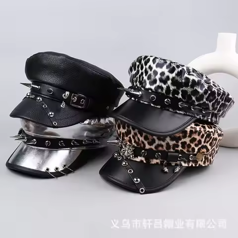 Unisex Punk Flat Top Hat Cosplay JoJo Jotaro Kujo Silver Studded Leopard Print Leather Cap Long Rive