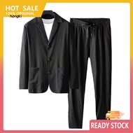 HH 1 Set Autumn Men Blazer Pants Stripe Pleats Jacket Drawstring Pants Casual Suit for Wedding
