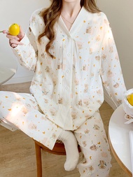 Áo Ngủ Cotton Mỏng Mùa Hè Cho Bà Bầu Sau Sinh Cho Bà Bầu Cho Bà Mẹ Cho Con Bú Quần Dài Tay Dài Cổ Ch