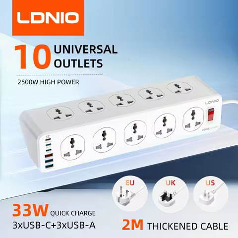 LDNIO 10 Outlet Electric Extension High Capacity Multi-strip UK/US/EU/KR Multiple Plug 2M Cord Type 