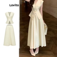 Lovito Elegant Skirt Sets Plain Pleated Button Double Layer Top or Bottom for Women L80ED249