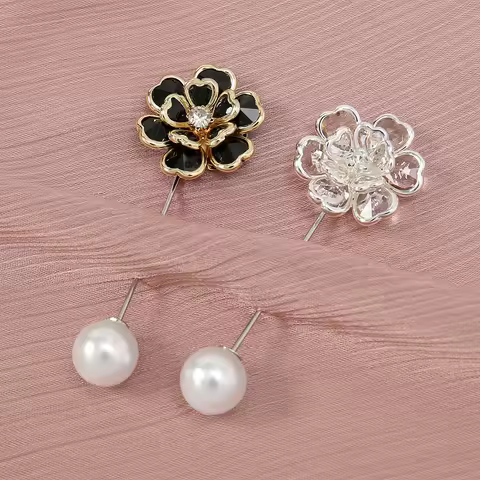 2/Pcs Camellia Pin Brooch Black White Flower Rose Pearl Muslim Woman Hijab Scarf Accessories Female 