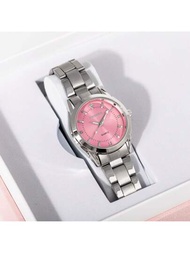 1入女士手錶純銀不銹鋼鍊帶,時尚優雅,石英腕錶閃爍水晶鑲嵌小時標記,粉色錶盤