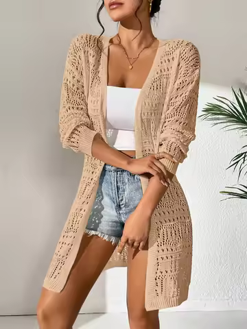 Women White Crochet Cardigan Long Sleeve Openwork Knit Sweater Summer Beach Cover Up Boho Hollow Out