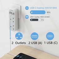 TESSAN Surge Protector Singapore USB Adapter Plug Multi Plug Extension Wall Socket USB C Charger Adapter with 3 USB and 3 AC Outlets 2 Way Plug Adapter Multi Sockets Wall Charger USB Adapter 13A 3 Pin UK Power Socket for Home office Kitchen Travel3250W