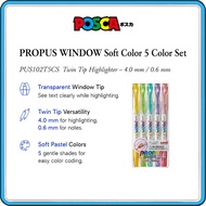 uni Mitsubishi Pencil PROPUS WINDOW Soft Color Highlighter, Twin Tip 4.0mm/0.6mm, Pastel Colors, 5 S