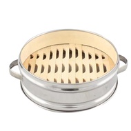 Two Handles Stainless Steel Steamer Basket Bamboo Bottom Steam Rack Portable Steamer Box for Steamed Buns Kitchen (26cm)