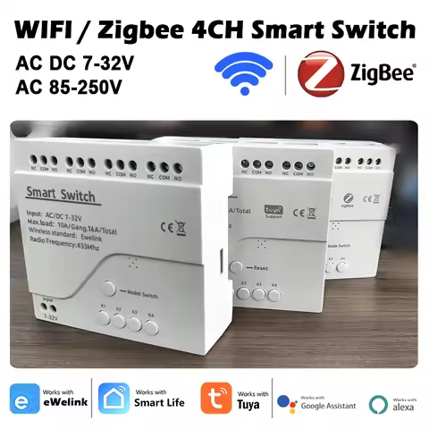 4 Way Wifi / Zigbee Smart Relay Diy Module Wireless Switch DIN Rail Tuya / Ewelink App Remote Contro