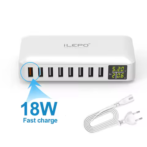 60W/12A USB Charging Station 8-Port QC3.0 Fast Charging Hub with LED Display Desktop Charger for Mul