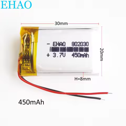 3.7V 450mAh Lithium Polymer LiPo Rechargeable Battery 802030 For Mp3 Camera Bluetooth GPS LED Light 