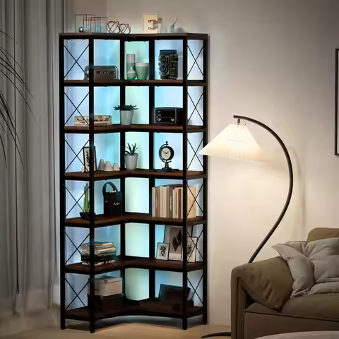 Extra Large Rustic Metal Bookshelf with Light, 78.7 L-shaped Storage for Living or Study Rooms