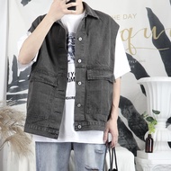 Cargo Denim Jackets for Men Korean style oversized loose Washed blue Sleeveless coats