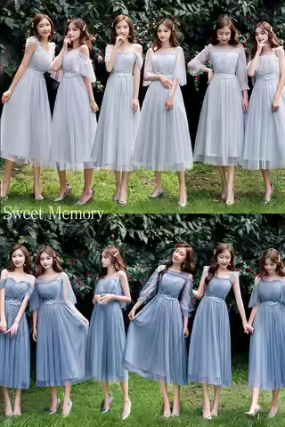 U21O39 Women Plus Size Blue Grey Pink Champagne Bridesmaid Dresses Mesh Net Tulle Fabric Party Gradu