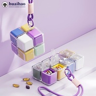 HUAIHAO Fun Cube Portable Pill Box with Lanyard Large Capacity Sealed Moisture-Proof 7 Day Weekly Pi