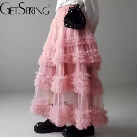 gestring Women Skirt 2025 Spring Summer Handmade Three Layers Stitching All Match High Waist Loose C