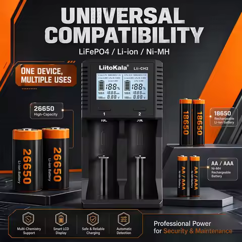 CH2 Multi-Function Smart Battery Charger, Dual-Slot LCD Display,Supports 1.5V Li-ion, 3.7V, 3.8V, Li
