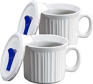 CorningWare 2-Pack 20oz Ceramic Meal Mugs with BPA-Free Vented Lids, French White