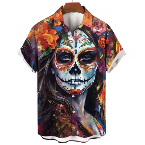 Day Of The Dead Shirt Skull Men's Shirts Skull Face 3d Print Short Sleeve Retro Loose Oversized Man