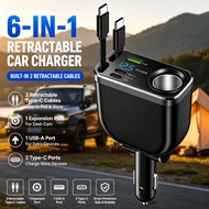 240W Car Charger With 70CM Retractable Dual Type C Cable Fast Charging 6-in-1 Car Phone Charger for 