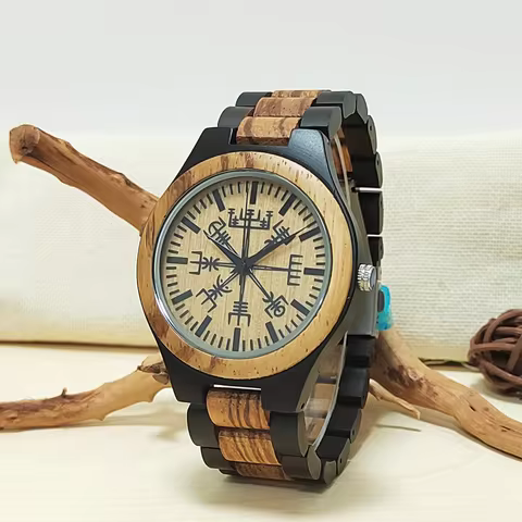 Wooden Wrist Watches Man Viking Symbol Element Clock Personalized Anniversary Gift for Husband Men's