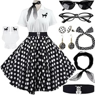 Sock Hop Outfits Women, 1950s Poodle Skirts, Polo Shirt with 50s Accessories Socks Scarf Headband Be