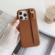 1pc Fashion Solid Color Full Body Shockproof Lychee PU Leather Phone Case With Wrist Strap Stand, Co