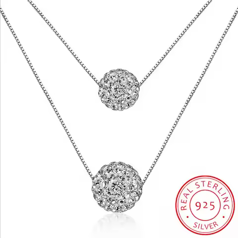 925 Sterling Silver Double Layer Shiny CZ Zirconia Crystal Lucky Ball Pendant Necklace For Women Gif